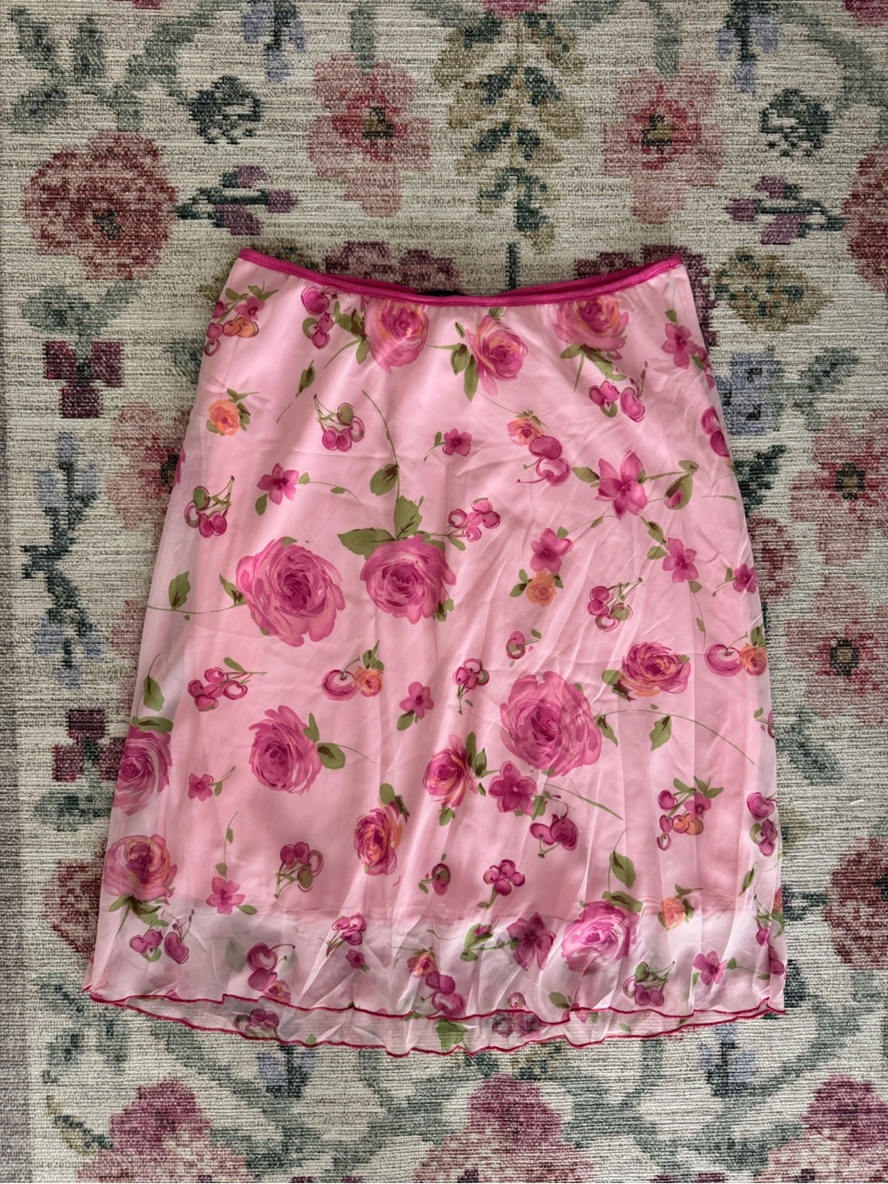 Y2K vintage pink mesh floral midi skirt